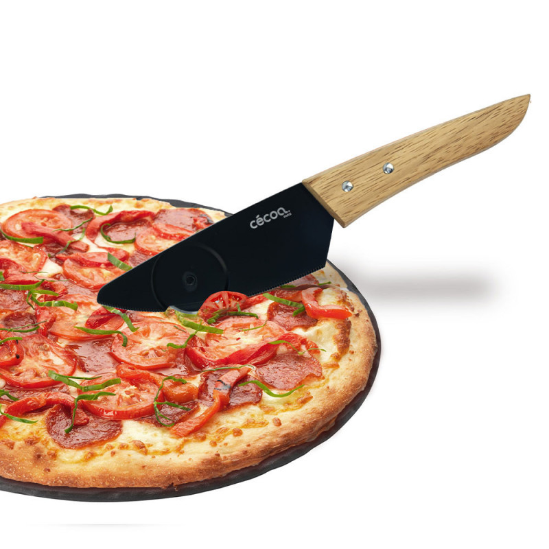 Ensemble couteau à pizza et spatule, manche en caoutchouc et plastique,  couteau à gâteau rond, trancheuse à pizza en acier inoxydable de qualité